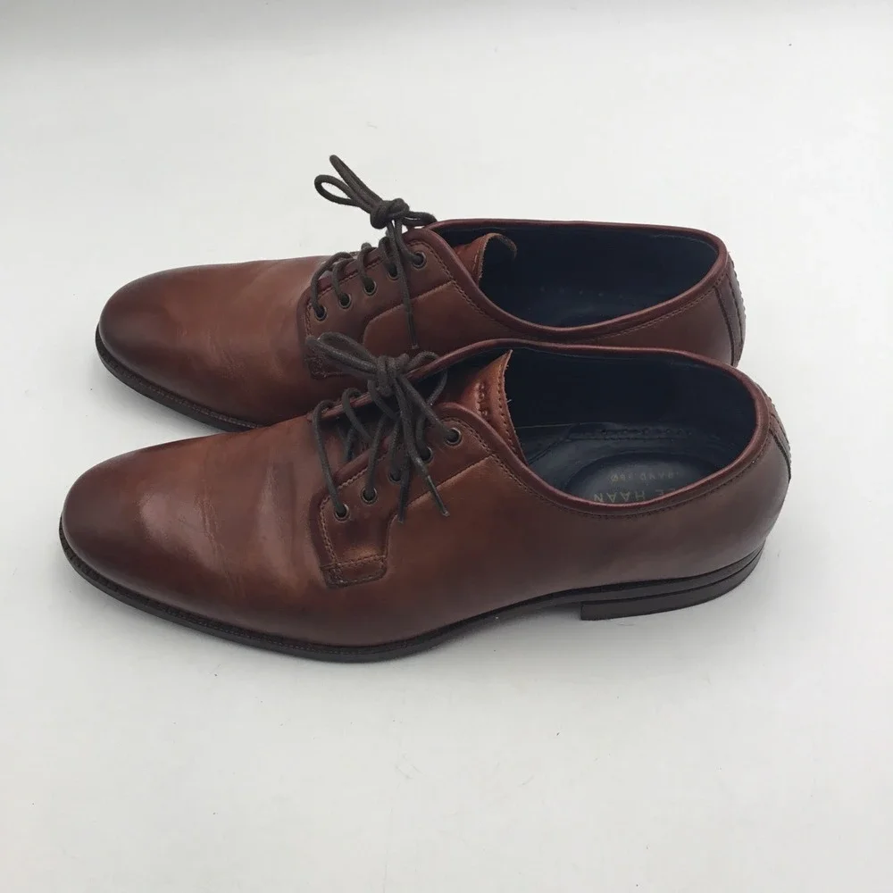 Cole Haan Grand.OS Mens Brown Leather Derby Dress Shoes Plain Toe Lace Up Sz 9 M